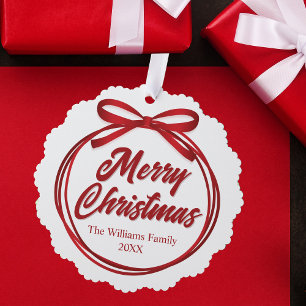 Chic Merry Christmas Script Red Ribbon Bow Custom Ornament Card