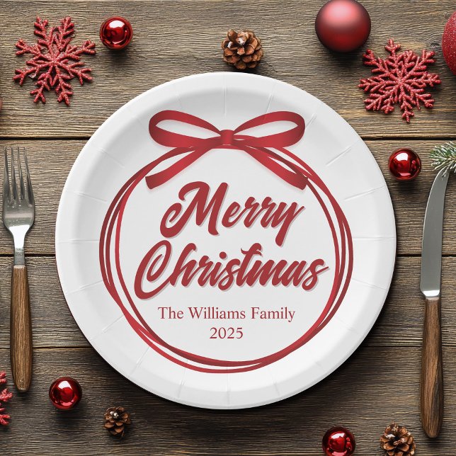 Chic Merry Christmas Script Red Ribbon Bow Party Paper Plates (Creator Uploaded)