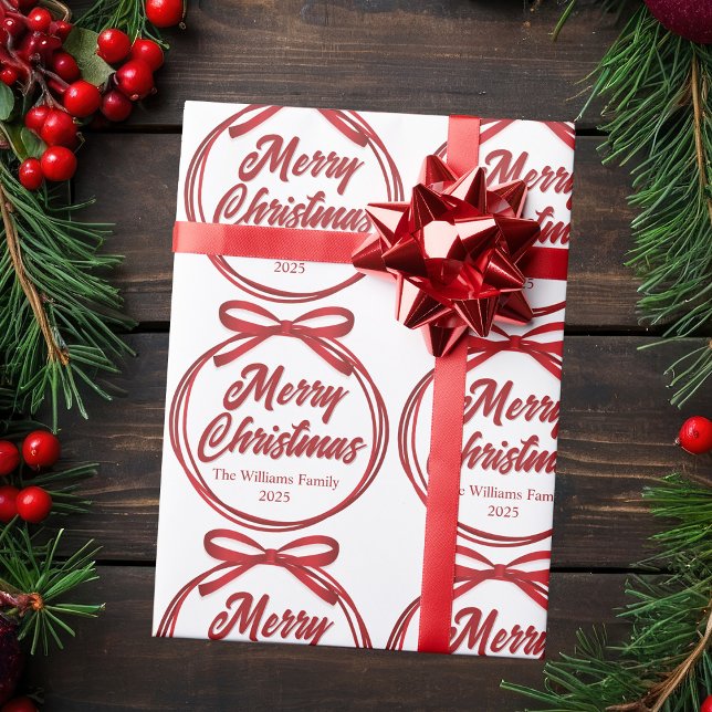 Chic Merry Christmas Script Red Ribbon Bow Wrapping Paper (Creator Uploaded)