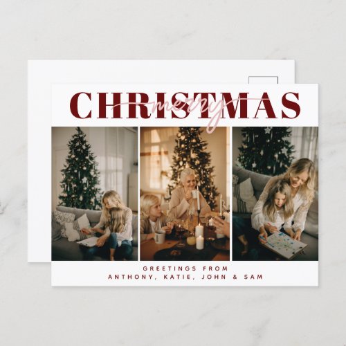 Chic Merry Christmas Three Family Photo Typography Holiday Postcard