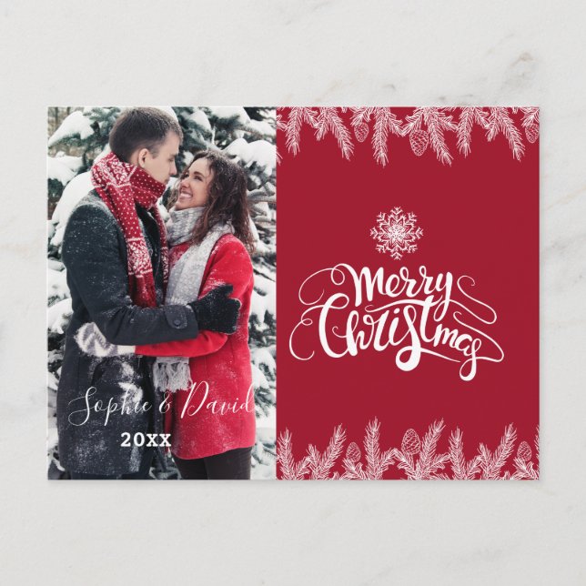 Chic Merry Christmas Typography Gold Pine Photo Invitation Postcard (Front)