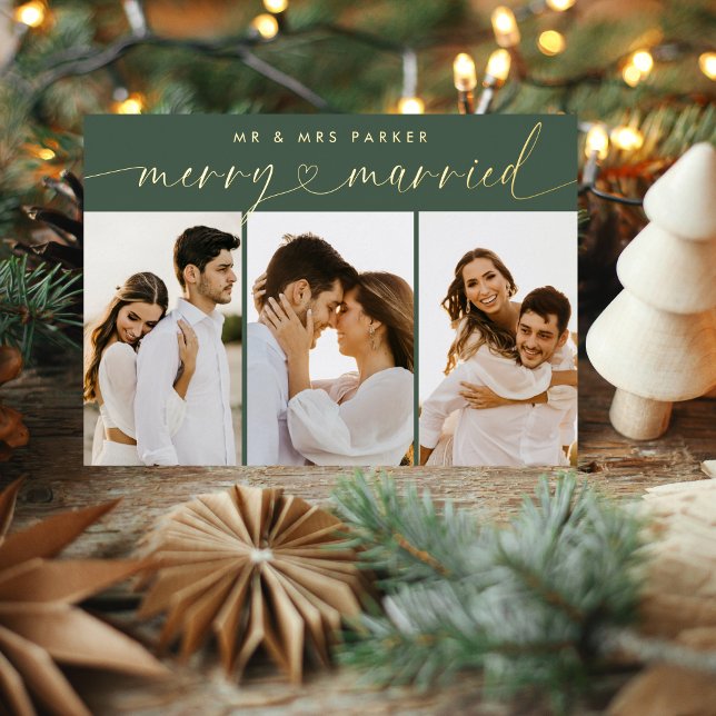 Chic Merry & Married Heart Script Christmas Photo Foil Holiday Card (Creator Uploaded)