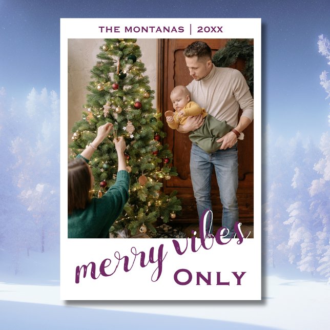 Chic Merry Vibes Only Family Photo Mulberry Wine Holiday Card (Creator Uploaded)