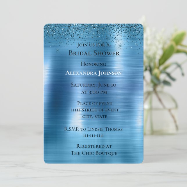 Chic Metallic Aqua Blue Glitter Bridal Shower Invitation (Standing Front)