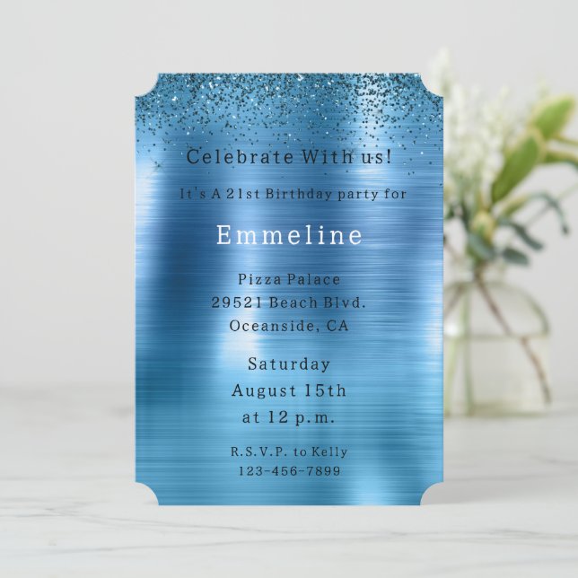 Chic Metallic Aqua Blue Glitter Invitation (Standing Front)