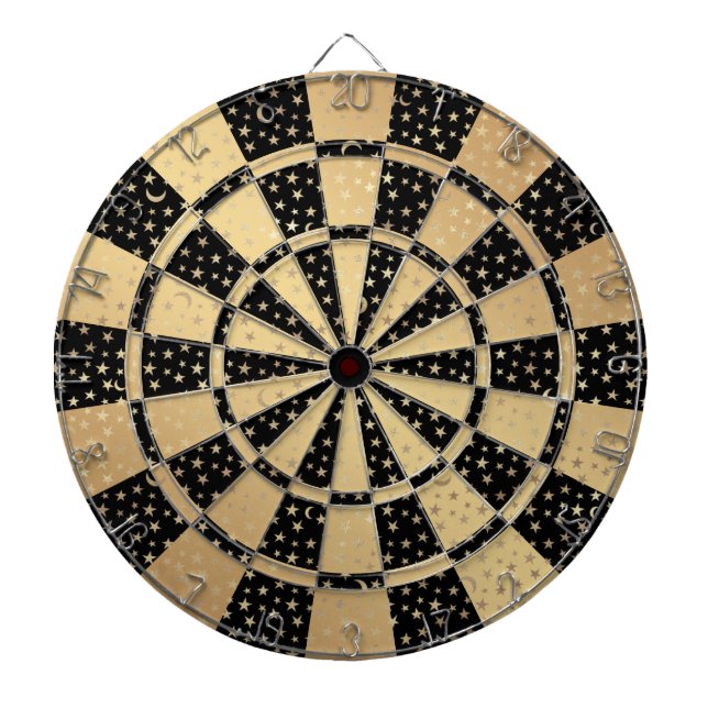 Chic Metallic Gold Stars Moons Black Dart Board (Front)