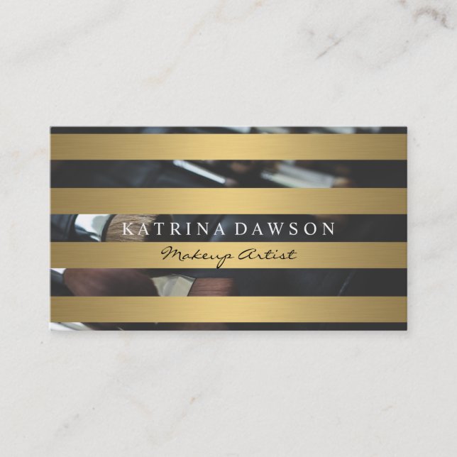 Chic Metallic Gold Stripes Makeup Brushes Business Card (Front)