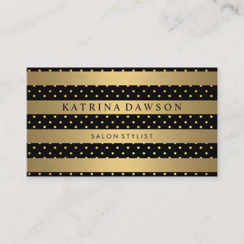 Chic Metallic Gold Stripes with Polka Dots Business Card