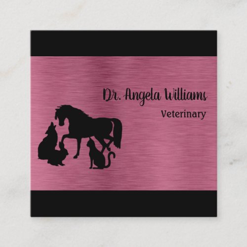 Chic metallic rose gold and black veterinary square business card