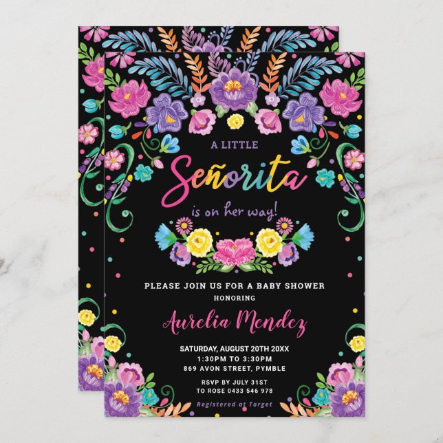 Chic Mexican Floral Señorita Baby Shower Girl  Invitation (Front/Back)