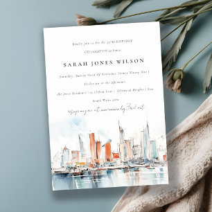 Chic Miami Florida Skyline Watercolor Birthday Invitation