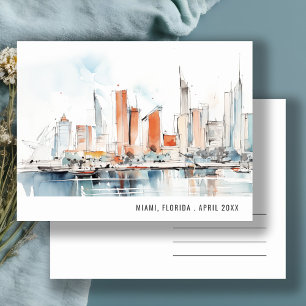 Chic Miami Florida Skyline Watercolor Travel Postcard