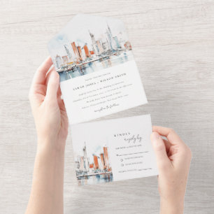 Chic Miami Florida Skyline Watercolor Wedding All In One Invitation
