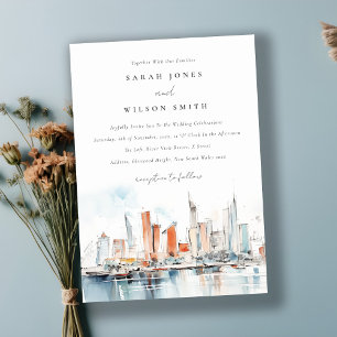 Chic Miami Florida Skyline Watercolor Wedding Invitation
