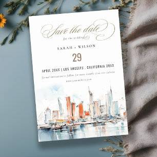 Chic Miami Florida Skyline Watercolor Wedding Save The Date