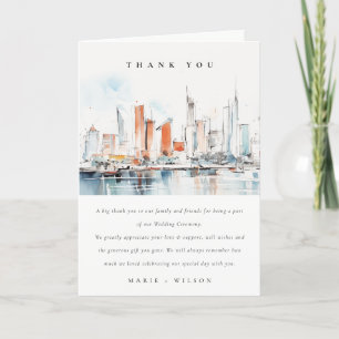 Chic Miami Florida Skyline Watercolor Wedding Thank You Card
