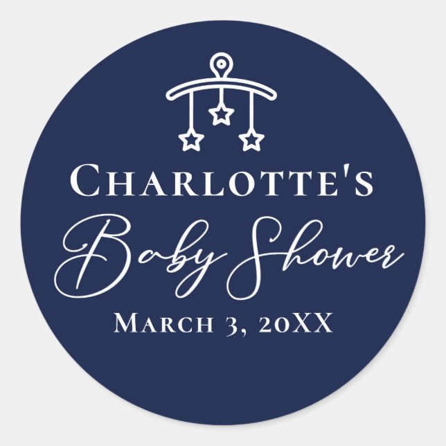 Chic Midnight Blue Baby Shower Personalized Classic Round Sticker (Front)