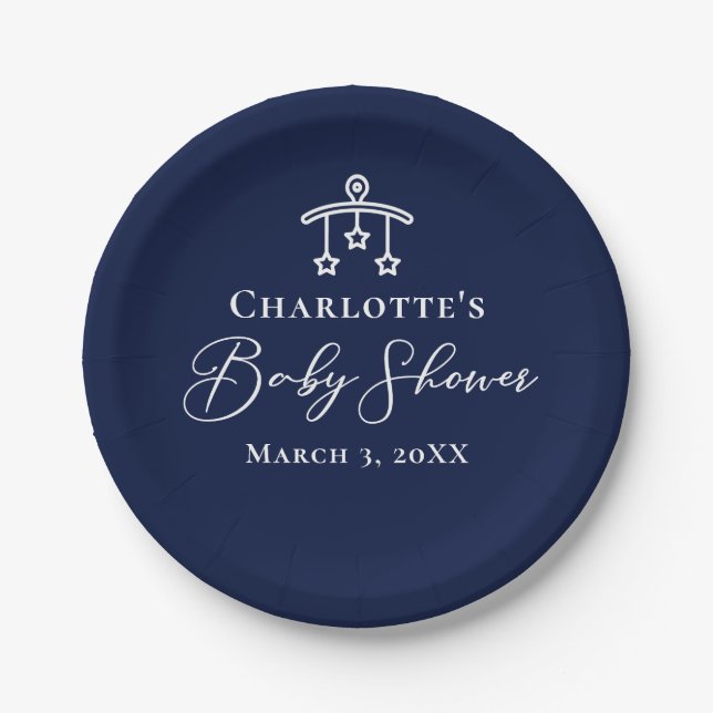 Chic Midnight Blue Baby Shower Personalized Party Paper Plates (Front)