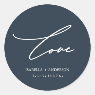 Chic Midnight Blue Love Script with Name Wedding Classic Round Sticker