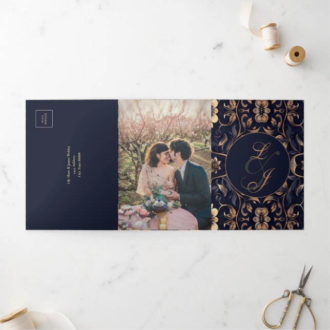 Chic Midnight Gold Wedding Tri-Fold Invitation (Outside)