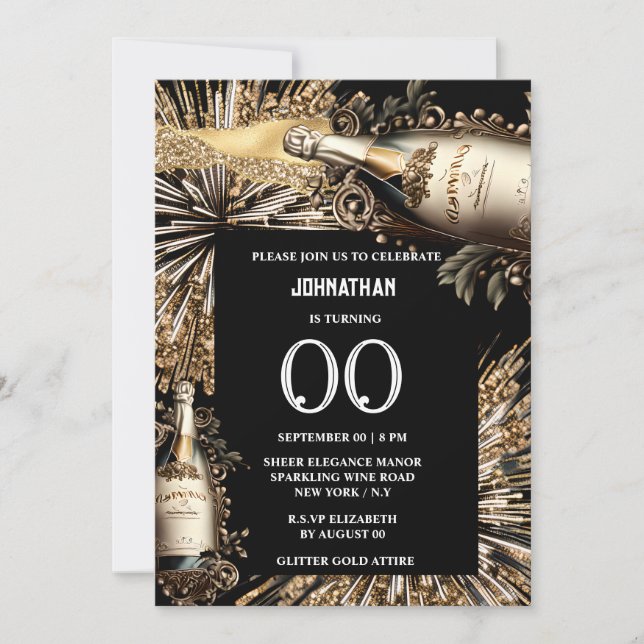 Chic milestone birthday sparkling wine fireworks invitation (Front)