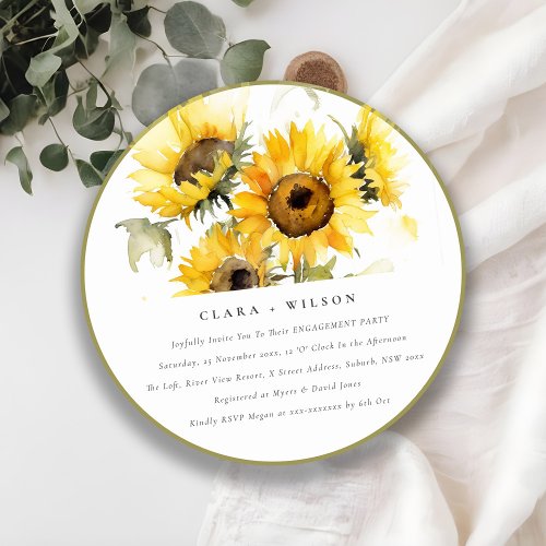 Chic Minimal Boho Watercolor Sunflower Engagement Invitation