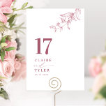 Chic Minimal Botanical Burgundy, Pink Wedding  Table Number<br><div class="desc">Guide your guests to their table with this elegant wedding table number card. Stylish and simple design with names to the side along with the "and" in modern handwritten calligraphy. Delicate hand-drawn botanical greenery corner detail in pink and burgundy hues. Please place an individual order for "each" table number (i.e....</div>