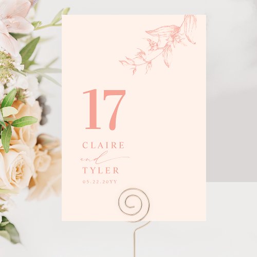 Chic Minimal Botanical Peach Wedding  Table Number