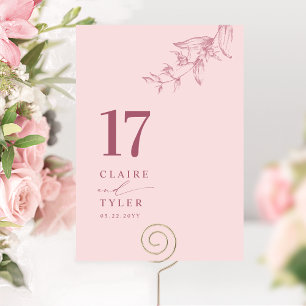 Chic Minimal Botanical Pink, Burgundy Wedding Table Number