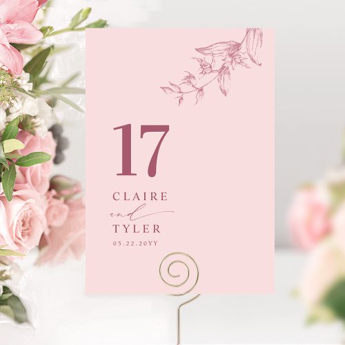 Chic Minimal Botanical Pink Burgundy Wedding  Table Number