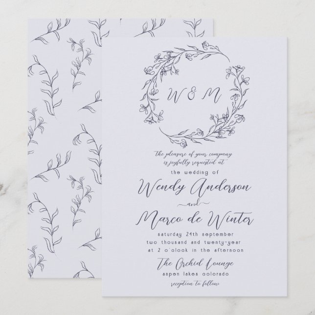 Chic Minimal Chromatic Gray Boho Botanical Wedding Invitation (Front/Back)