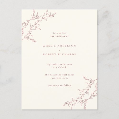 Chic Minimal Cream  Muted Red Foliage Wedding Invitation Postcard