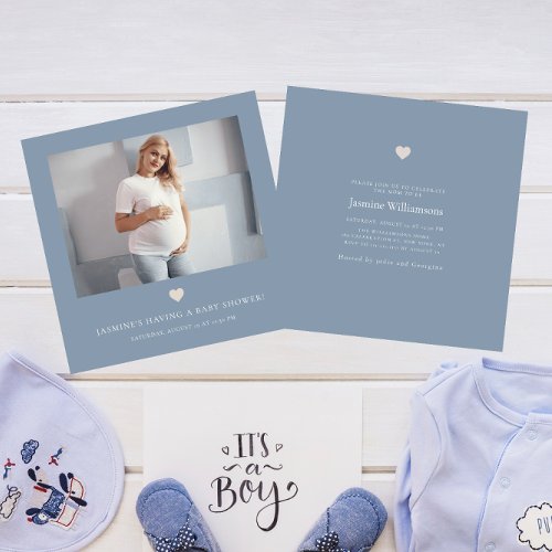 Chic minimal dusky blue photo baby shower  invitation