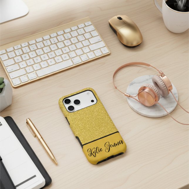 Chic Minimal Faux Gold Glitter & Black Custom Name Case-Mate iPhone Case (Creator Uploaded)
