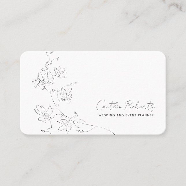 Chic Minimal Floral White Gray Handwritten Business Card (Front)