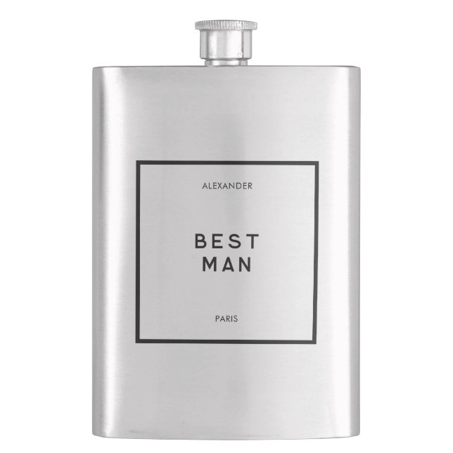 Chic Minimal French Black & White Best Man Name Flask (Front)