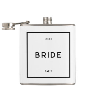 Chic Minimal French Black & White Bride Name Flask