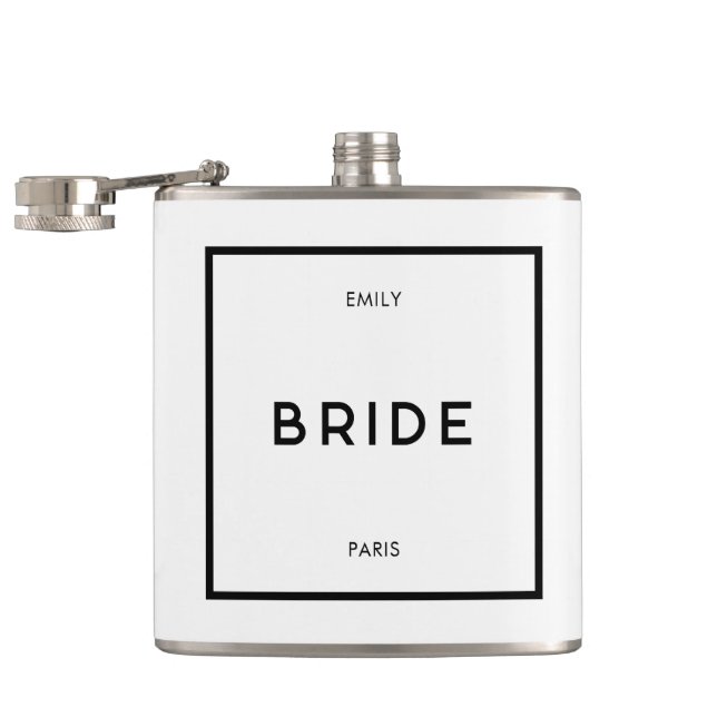 Chic Minimal French Black & White Bride Name Flask (Opened)