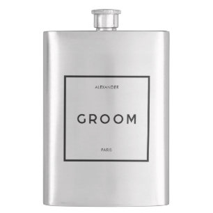 Chic Minimal French Black & White Groom Name Flask