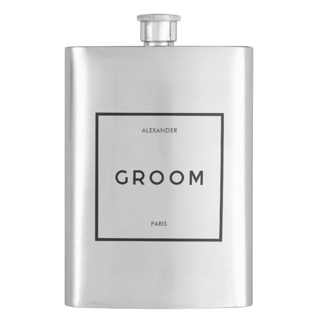 Chic Minimal French Black & White Groom Name Flask (Front)