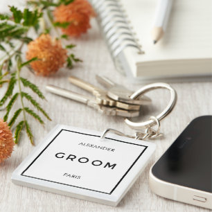 Chic Minimal French Black & White Groom Name Keychain