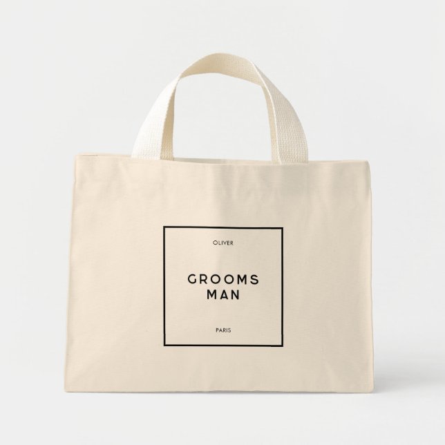 Chic Minimal French Black & White Groomsman Mini Tote Bag (Front)