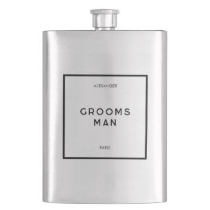 Chic Minimal French Black & White Groomsman Name Flask