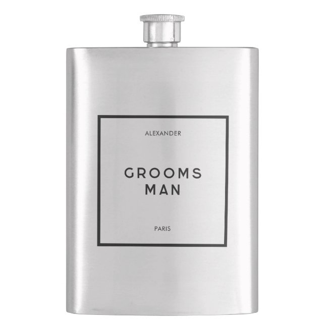 Chic Minimal French Black & White Groomsman Name Flask (Front)
