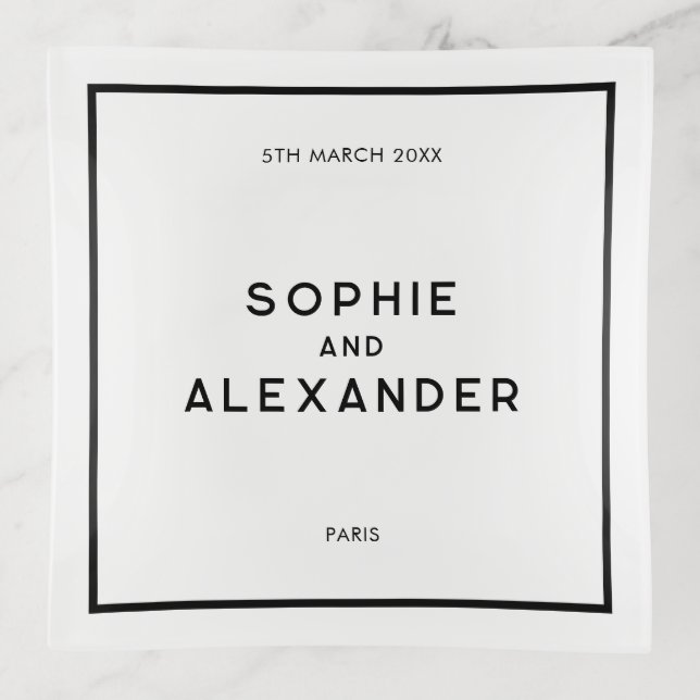 Chic Minimal French Black & White Wedding Memento Trinket Tray (Front)