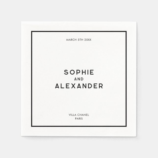 Chic Minimal French Black & White Wedding Napkins (Front)