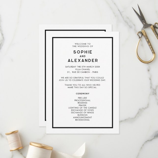 Chic Minimal French Black & White Wedding Program (Front/Back In Situ)