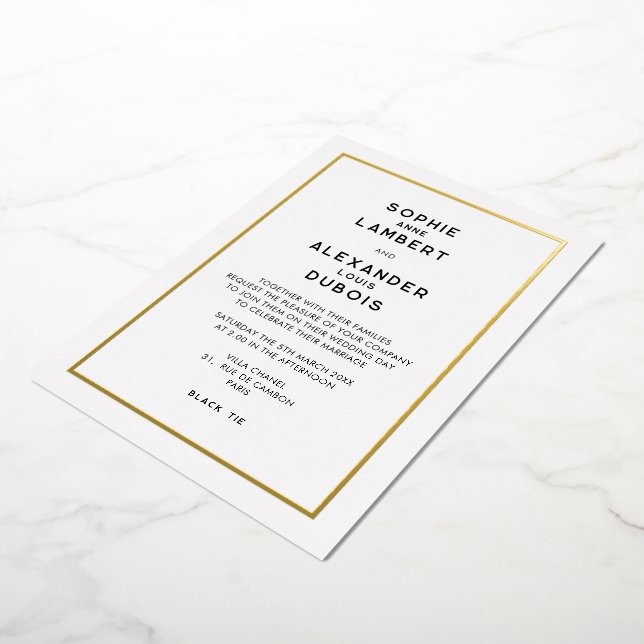 Chic Minimal French Gold Border Wedding Foil Invitation (Rotated)
