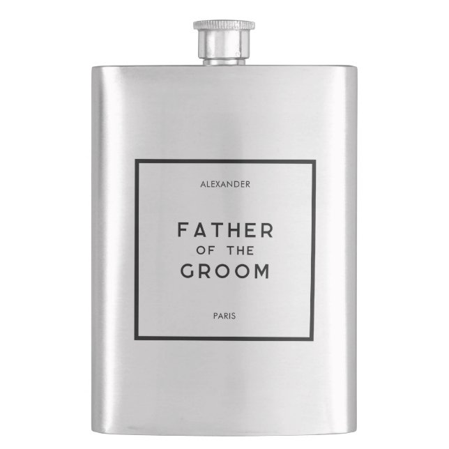 Chic Minimal French Monochrome Father Of The Groom Flask (Front)