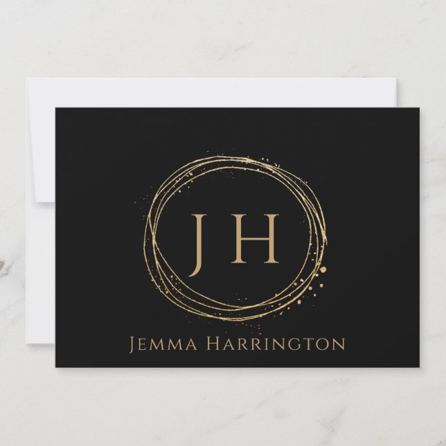Chic Minimal Modern Gold Initials Name Black Note Card (Front)